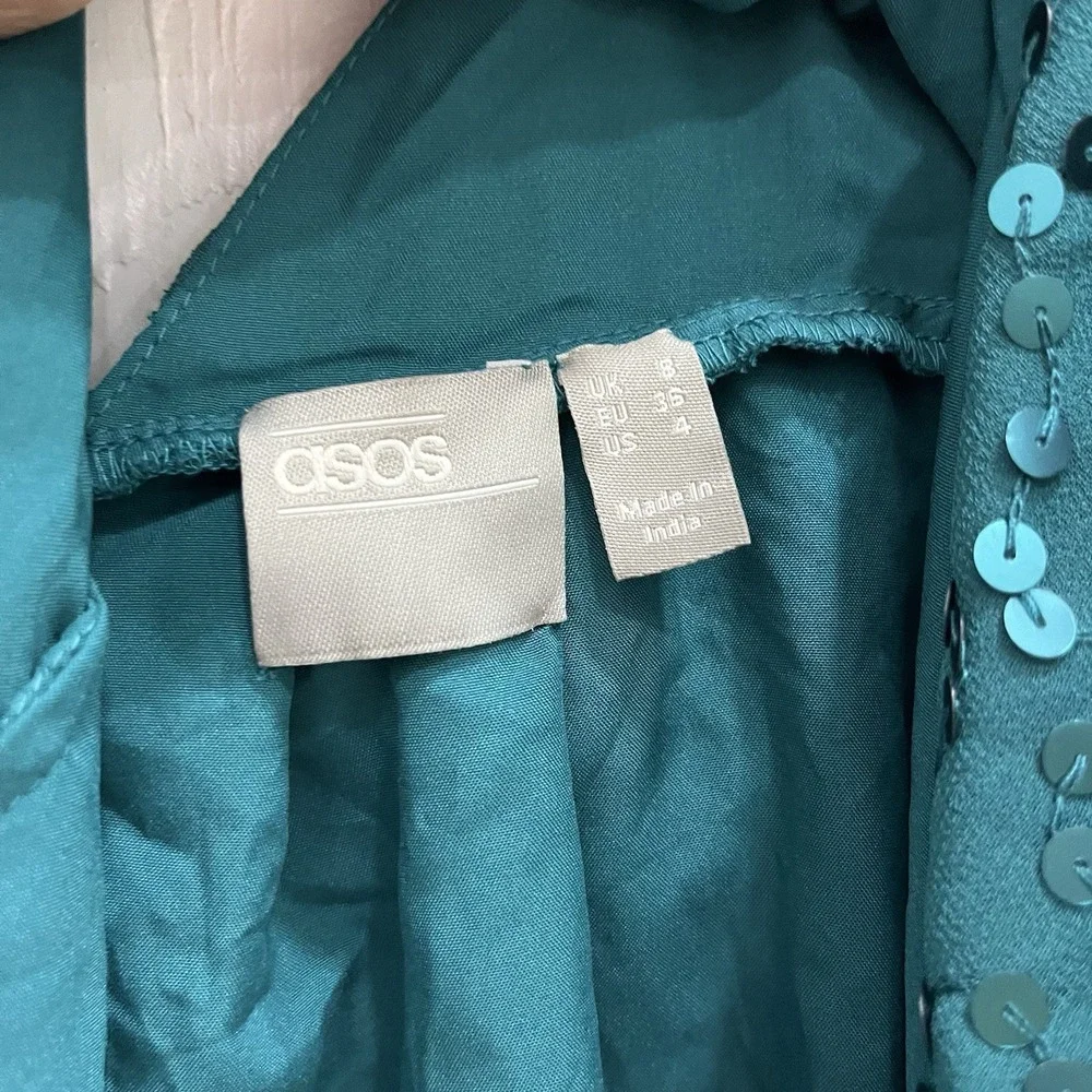 ASOS Sequin Mini Dress Women‎ Size 4 Teal Excellent Deep V-Neck Wrap Cocktail